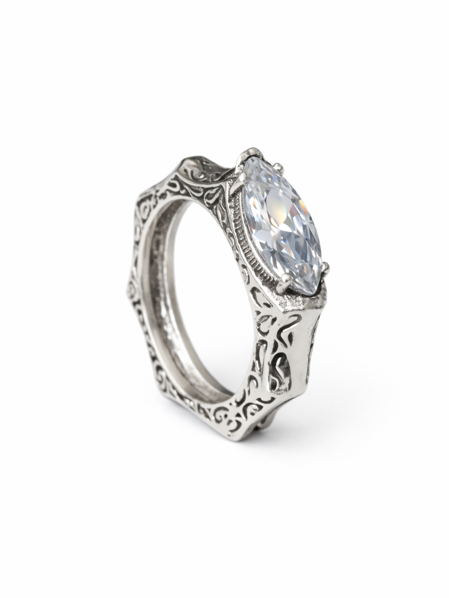 Markiz Taşlı Barok Desen İşlemeli Yüzük